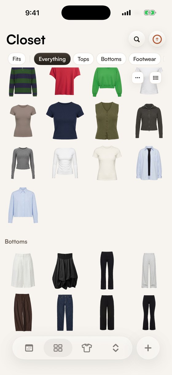 The Closet tab in STYLD showing every top cut out and sorted