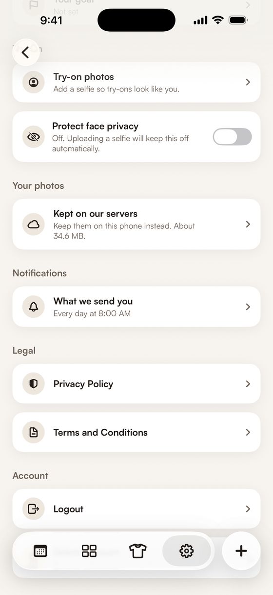 STYLD settings showing photo storage kept on the phone and a face privacy switch