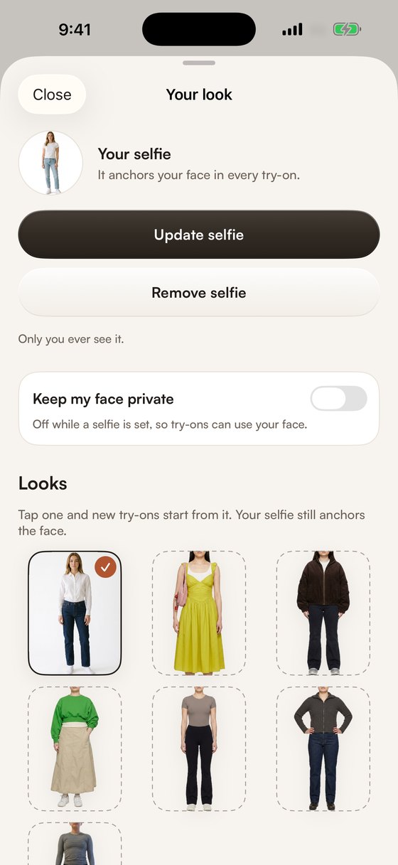 The Your look sheet in STYLD, with a selfie, the keep my face private switch and a grid of looks
