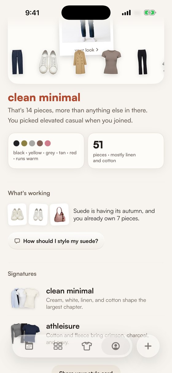 The Me tab in STYLD reading the closet as clean minimal, with the palette behind it