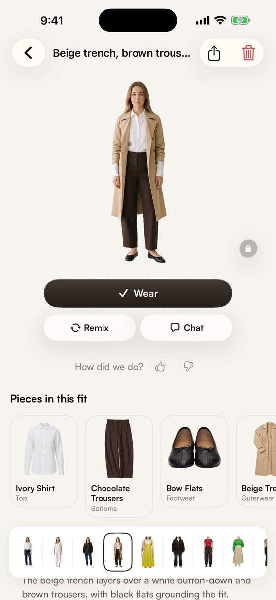 A fit in STYLD seen on a look, with Wear, Remix and Chat underneath